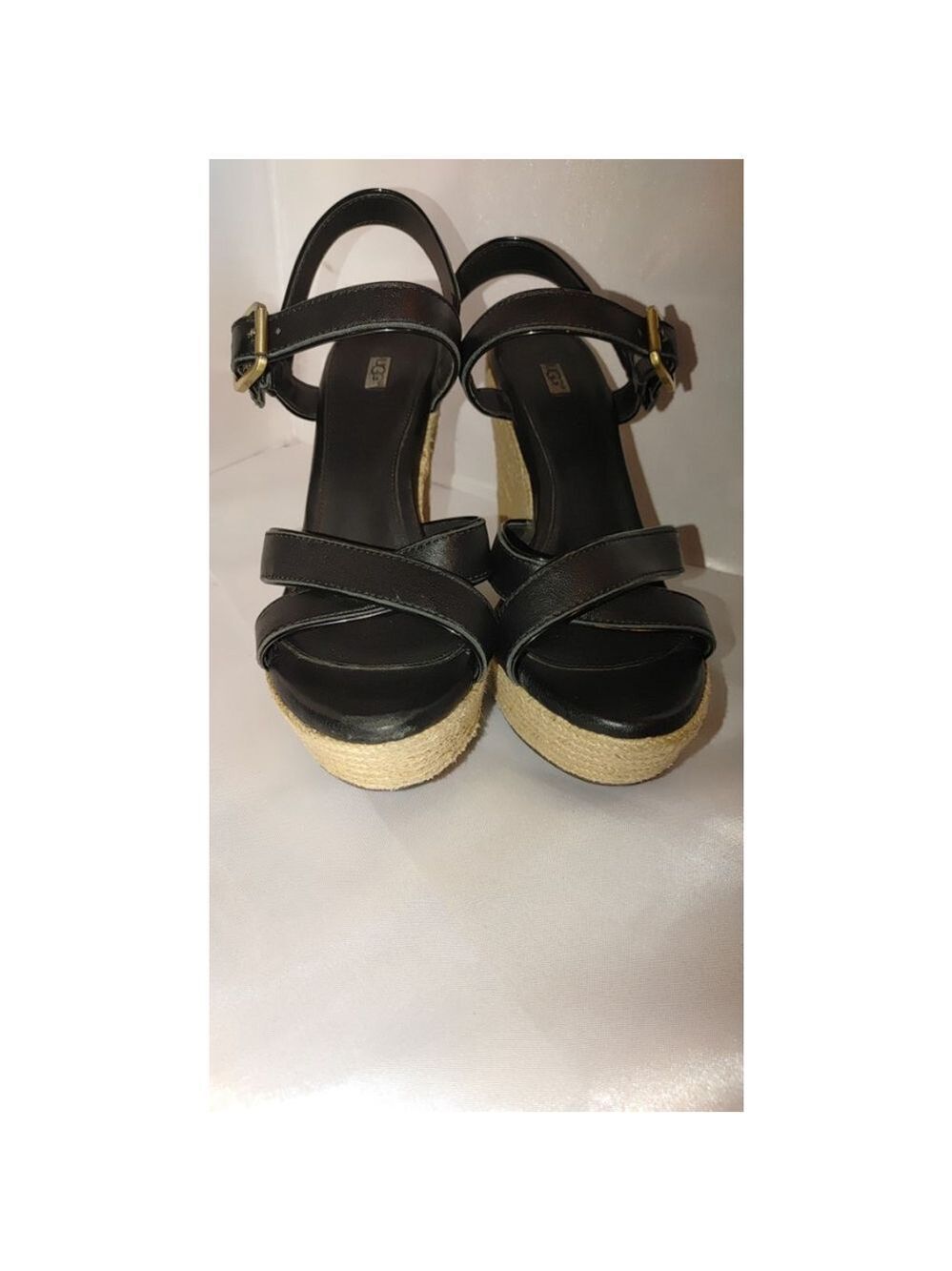 UGG Jackilyn Black Leather Espadrille Wedge Sandals Size 9.5 - Picture 4 of 8